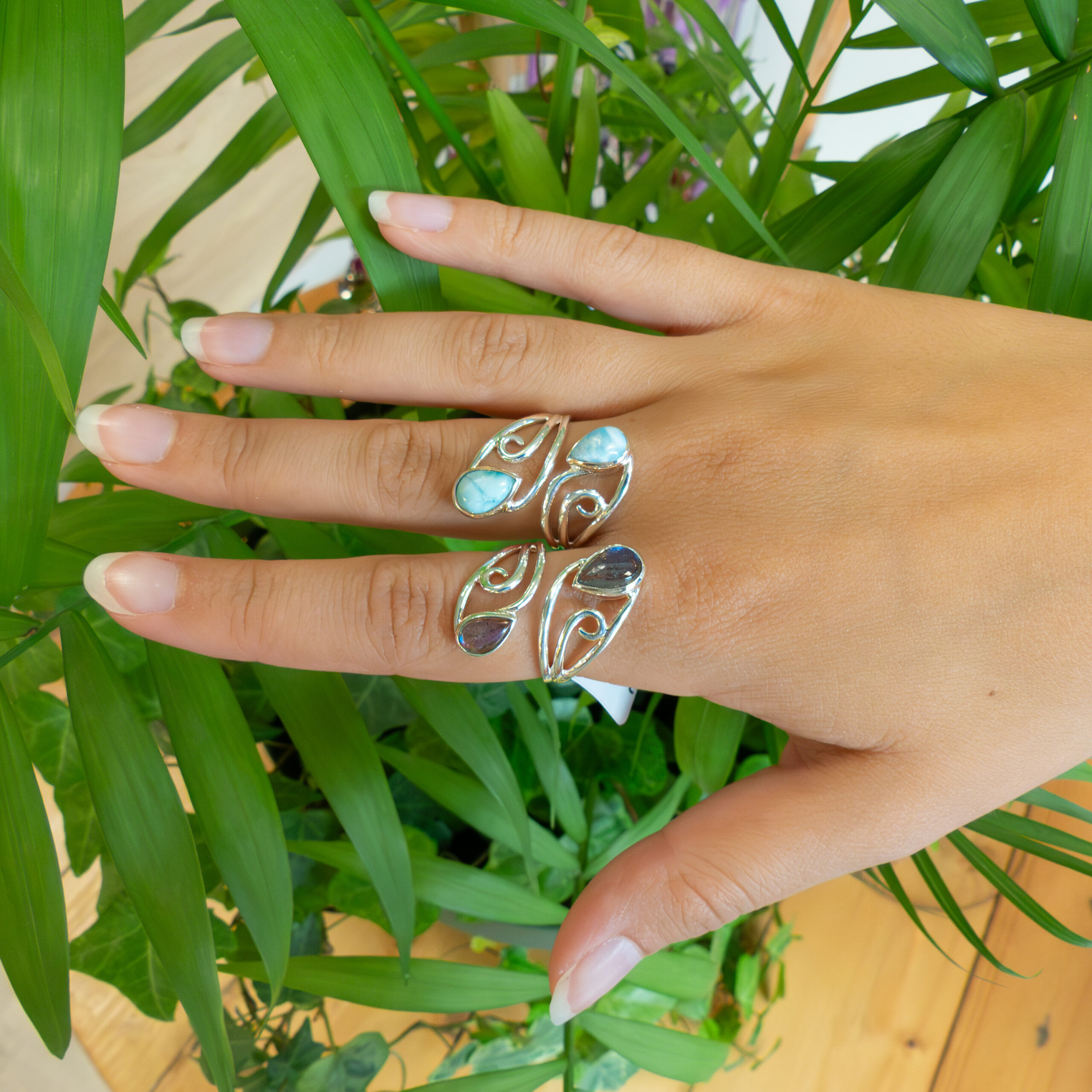 Bague Larimar ou Labradorite gouttes