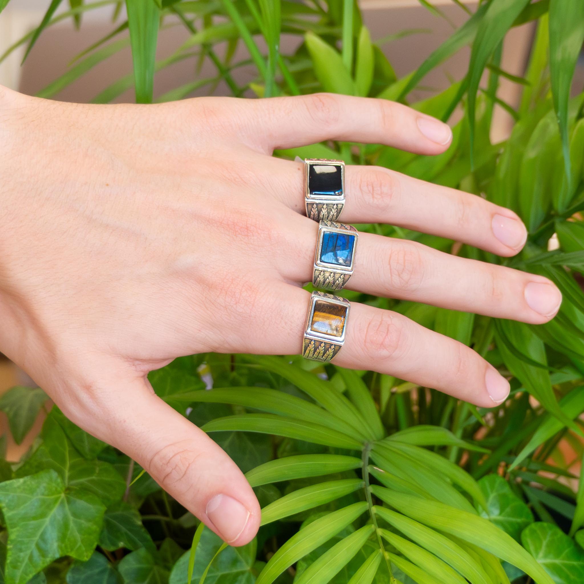 Chevalière Œil de tigre ou Labradorite ou Onyx